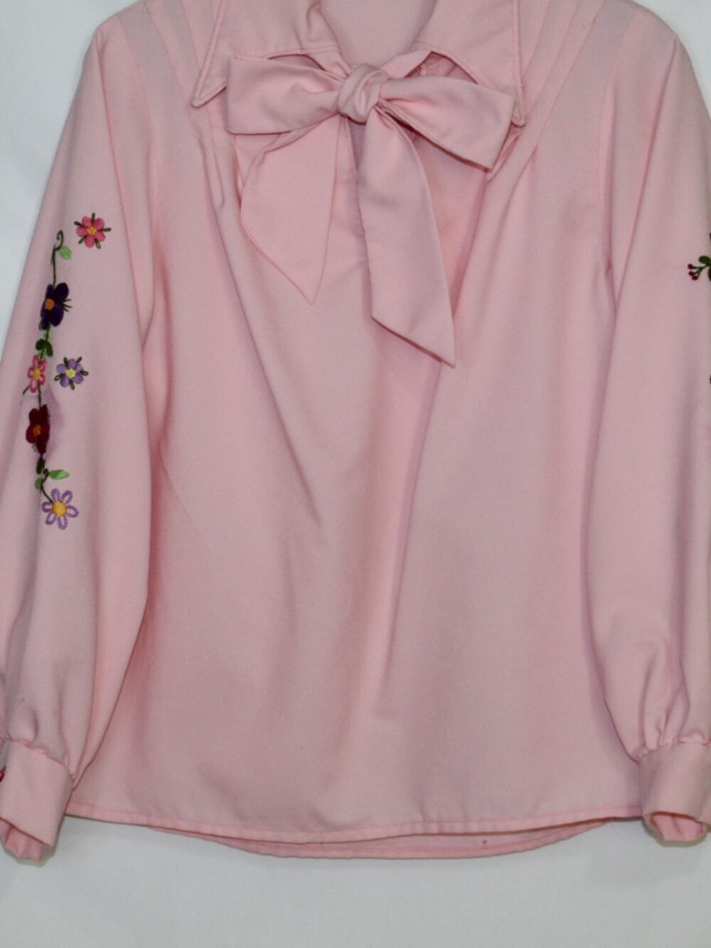 Vintage 70s women's blouse pink handmade pointed collar floral embroidered - Picture 4 of 11